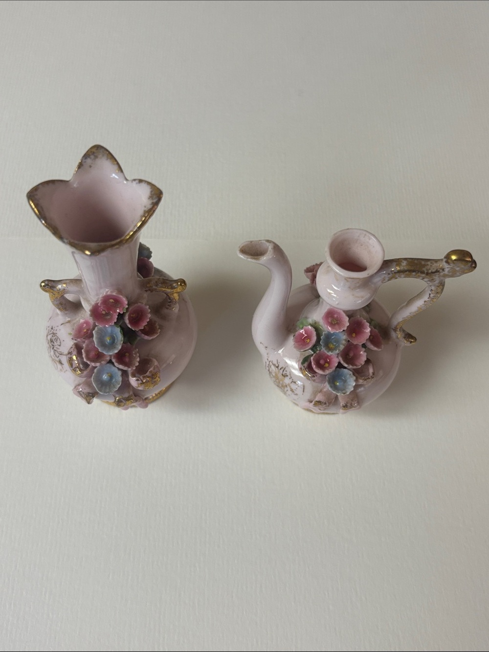 Pink Porcelain Floral Bud Vase and Mini Ewer Set